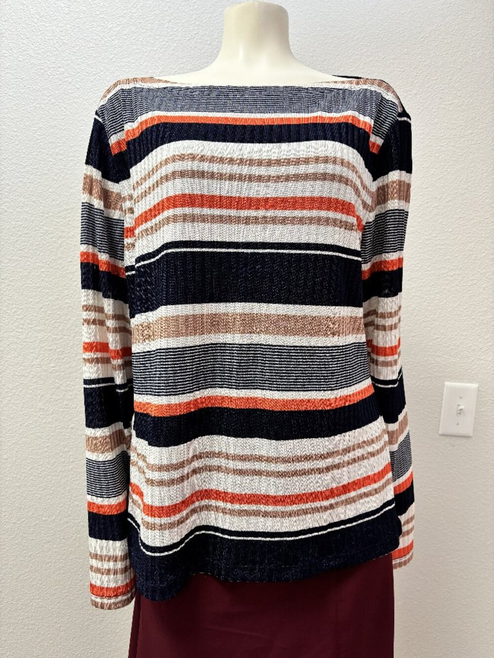 DKNY XL Ribbed Knit Striped Boat Neck Long Sleeve Top Navy Cream Coral